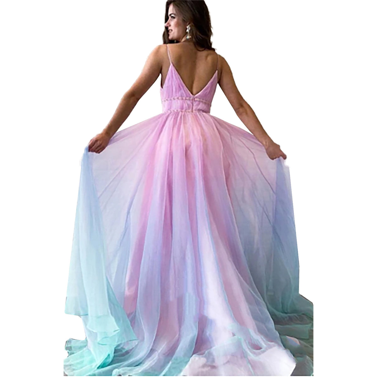 Robe femme à fines bretelles, col V et taille haute – Imprimé floral dégradé – Rose