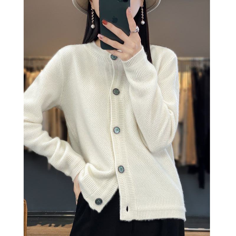Cardigan ample en laine à col rond, couleur unie – Blanc