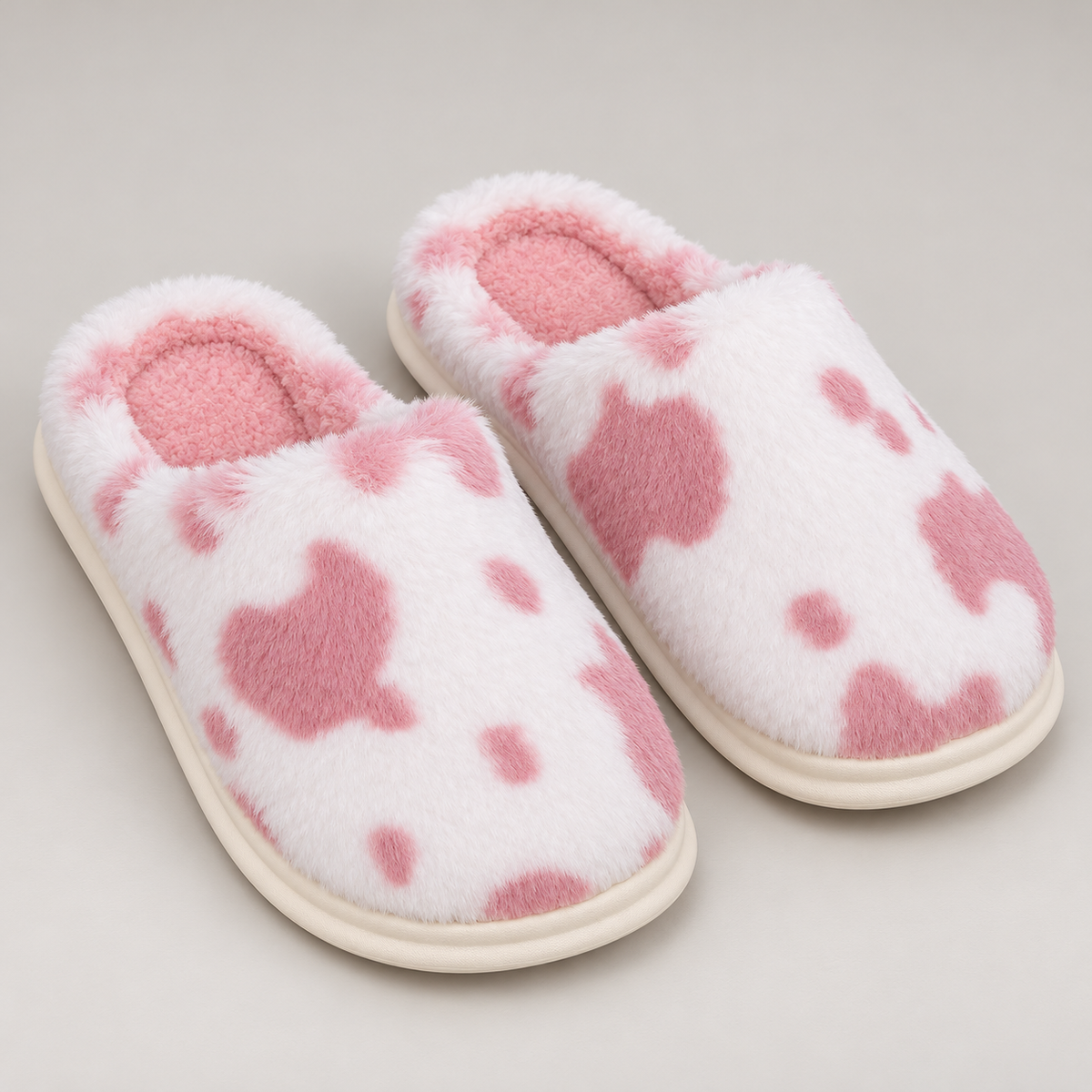 Bloodnew – Chaussons peluche motif vache – Doux, chauds et antidérapants – Rose – detail