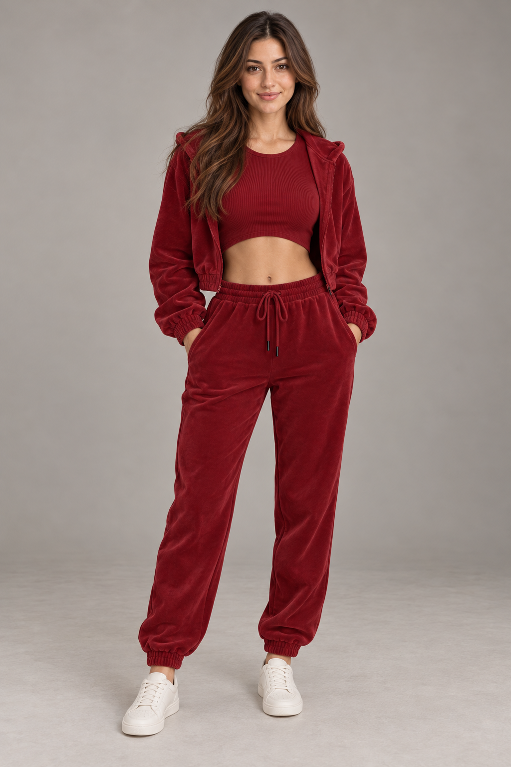 Bloodnew – Ensemble velours 3 pièces sweat à capuche et pantalon – Bordeaux – full