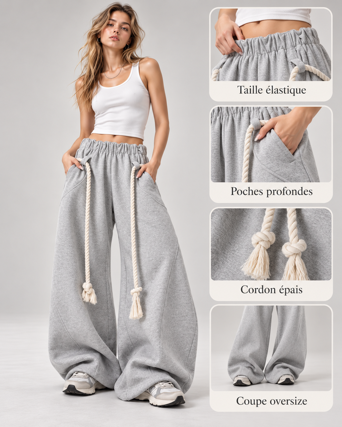 Pantalon de jogging gris à jambes larges, style rétro américain – Gris