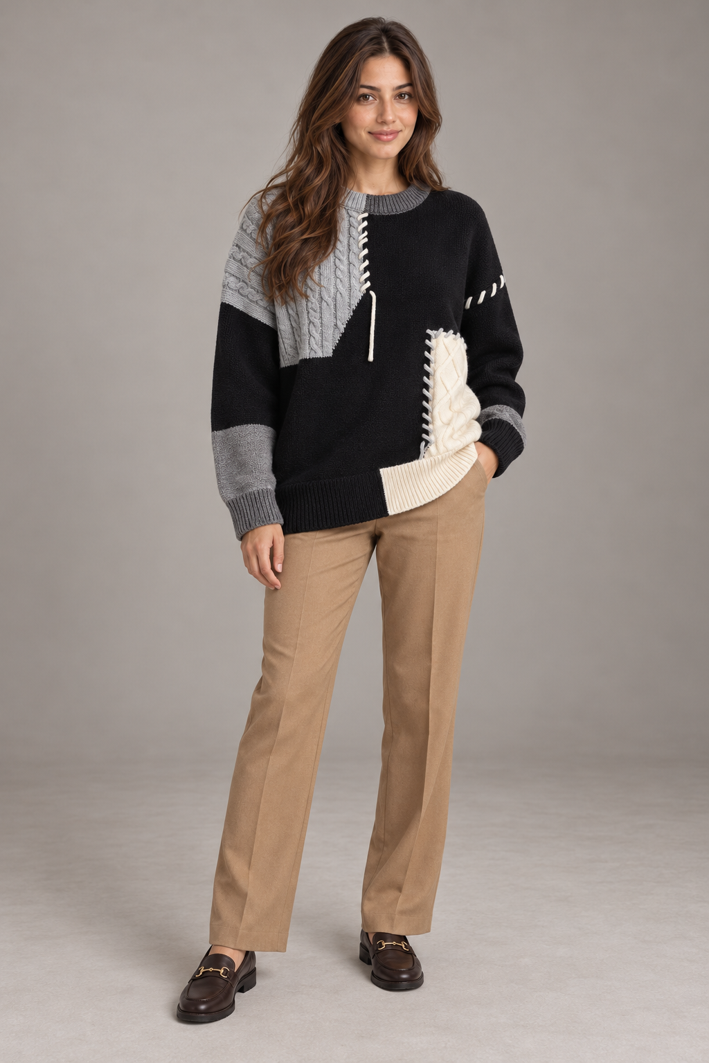Bloodnew – Pull color block en maille – Col rond, manches longues – Gris – full