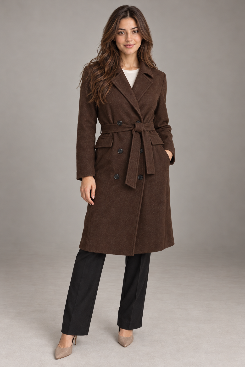 Bloodnew – Manteau croisé à col revers avec ceinture – Fente, élégant et chaud – Café – full
