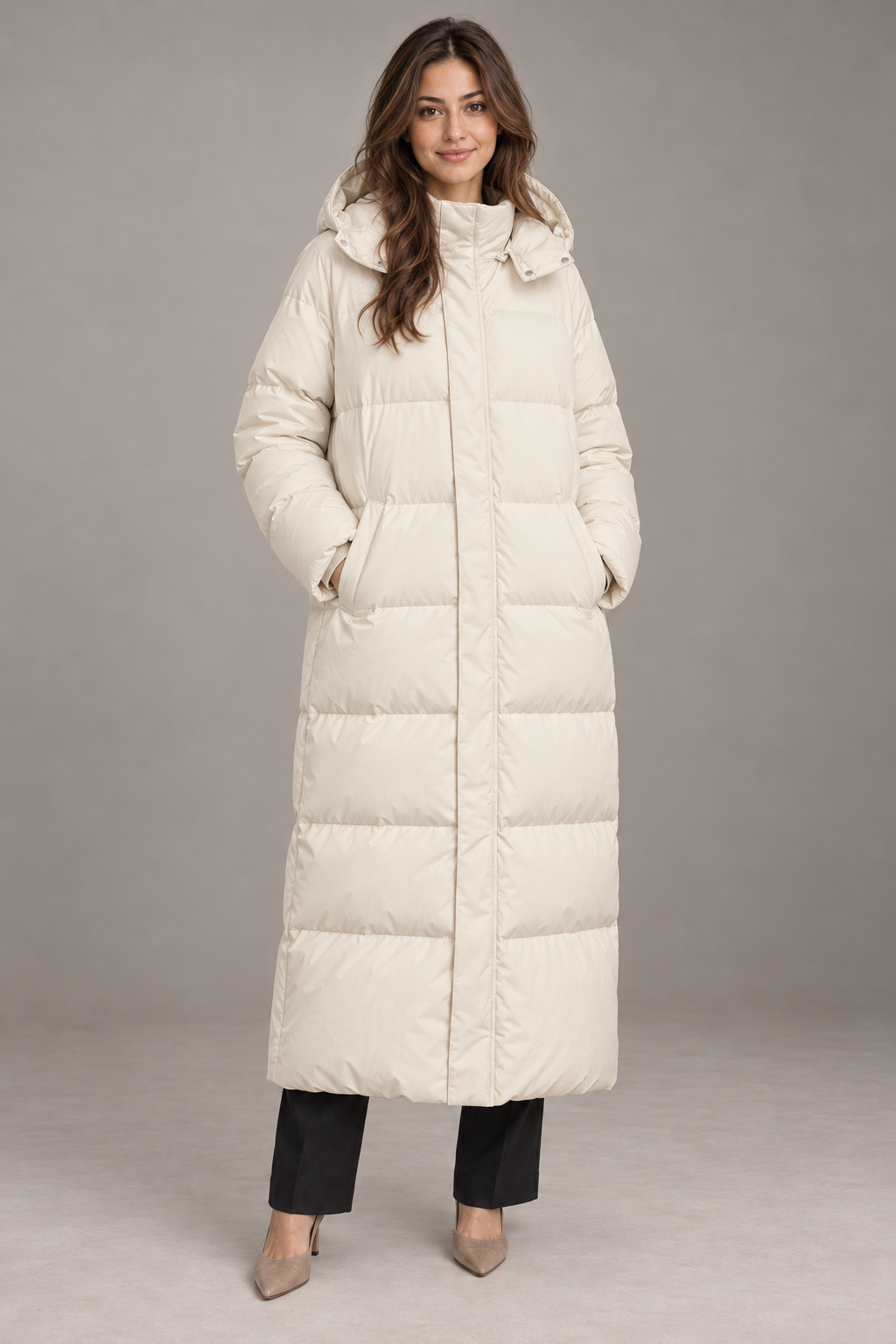 Bloodnew – Parka longue à capuche épaisse – Manteau d'hiver chaud – Beige – full