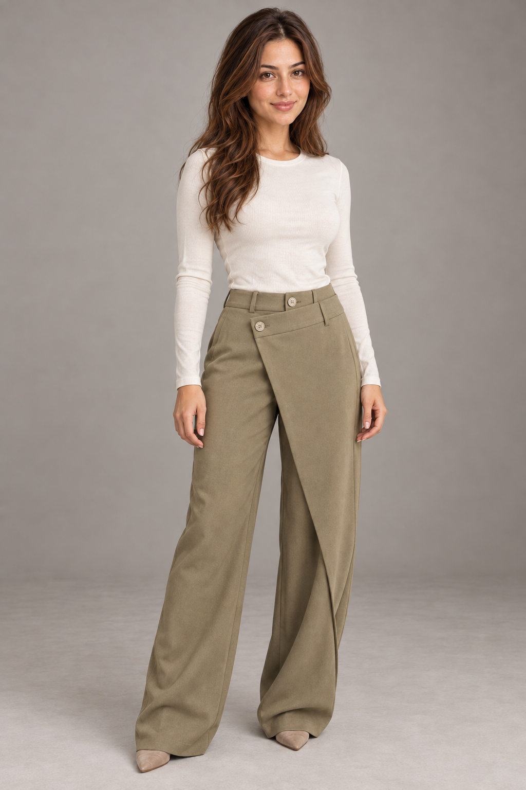 Bloodnew – Pantalon large asymétrique – Coupe ample et fluide – Kaki – full