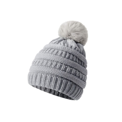 Bonnet en laine tricoté épais – Gris clair à pompon