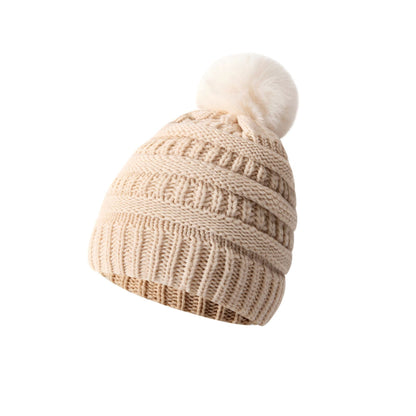 Bonnet en laine tricoté épais – Beige à pompon