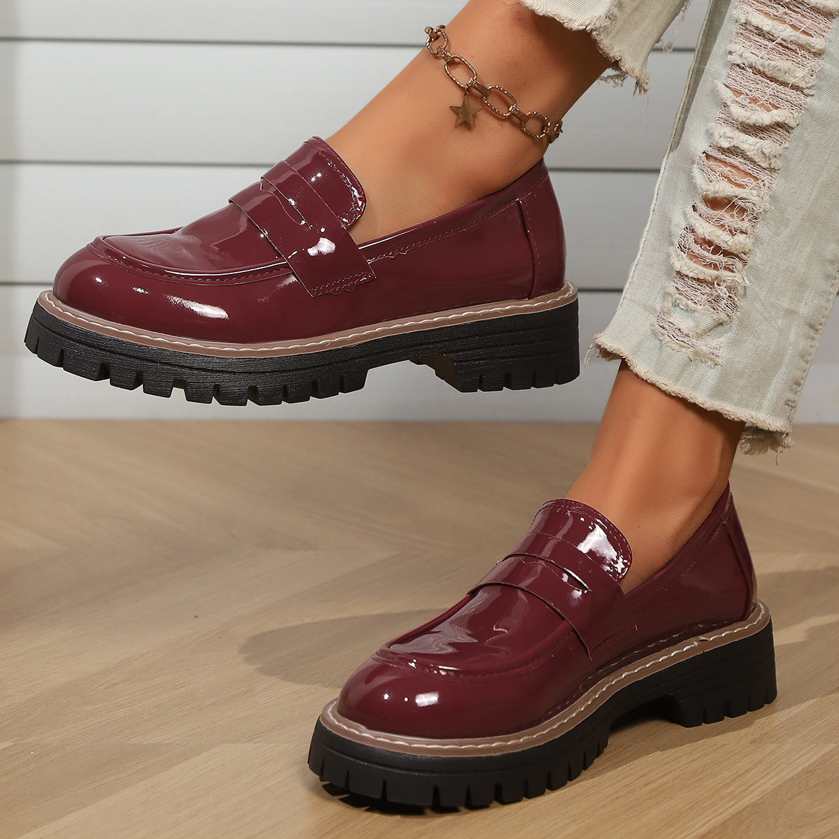 Mocassins style britannique à semelle épaisse et plateforme – Bordeaux