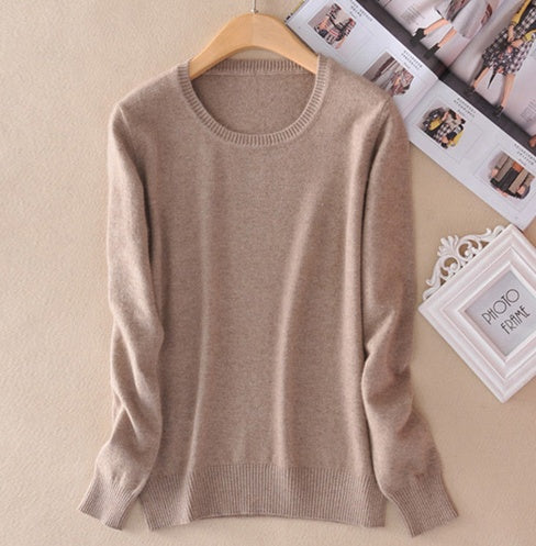 Pull en cachemire pour femme à col rond – pull tricoté chaud d’hiver – Camel
