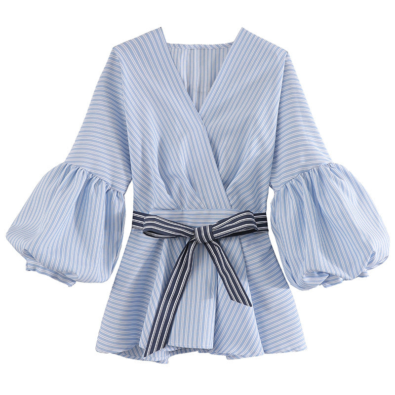 Lantern Sleeve Shirt Women Spring – Rayures