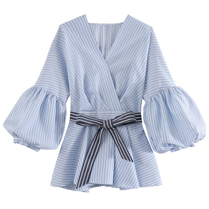 Lantern Sleeve Shirt Women Spring – Rayures