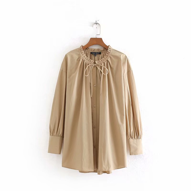 Chemise longue ample à volants – Kaki