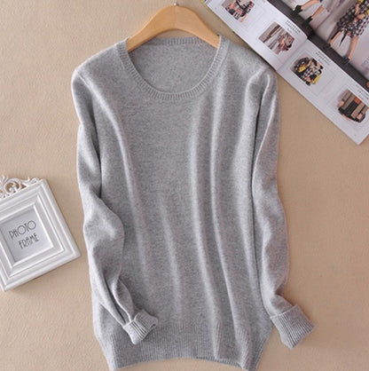 Pull en cachemire pour femme à col rond – pull tricoté chaud d’hiver – Gris clair