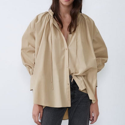 Chemise longue ample à volants – Kaki