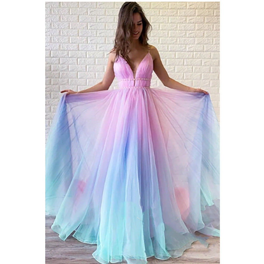 Robe femme à fines bretelles, col V et taille haute – Imprimé floral dégradé – Rose