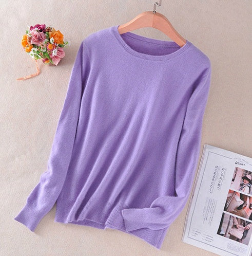 Pull en cachemire pour femme à col rond – pull tricoté chaud d’hiver – Violet clair