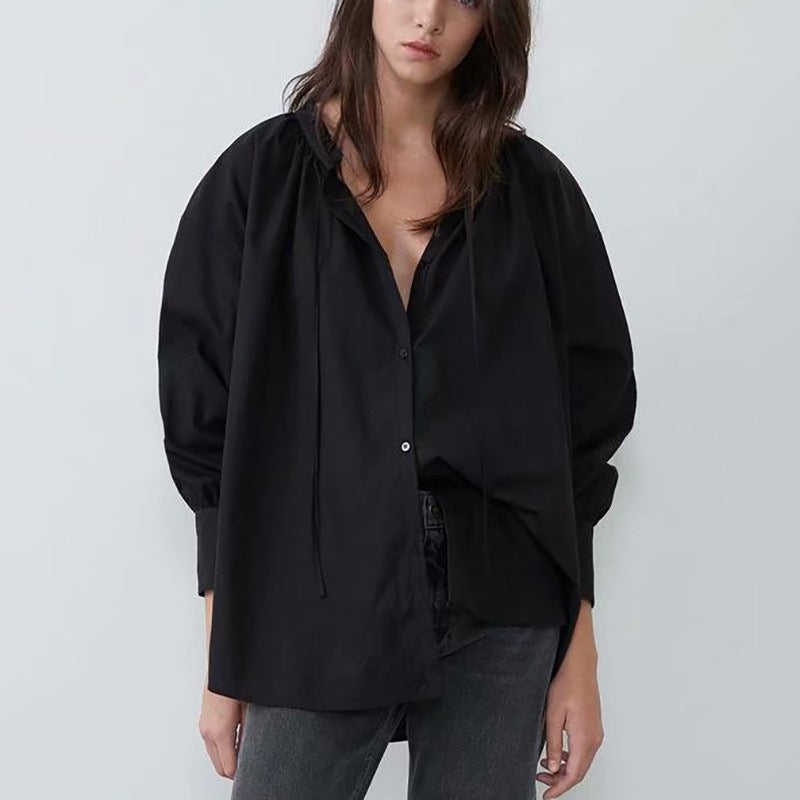 Chemise longue ample à volants – Noir