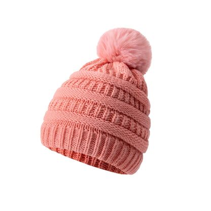 Bonnet en laine tricoté épais – Rose à pompon