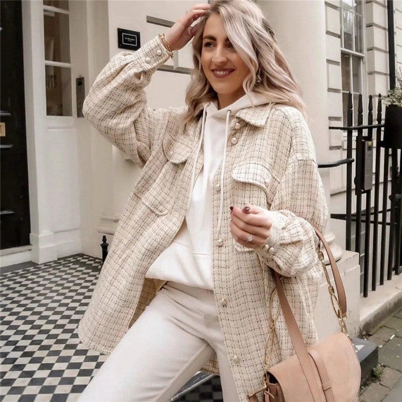 Chemise longue oversize à carreaux vintage – Beige