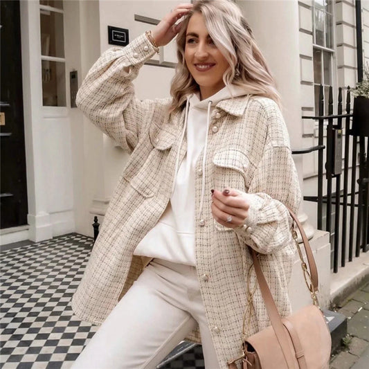 Chemise longue oversize à carreaux vintage – Beige