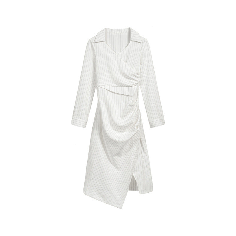 Robe chemise rayée à manches longues – Style Office Siren – Blanc