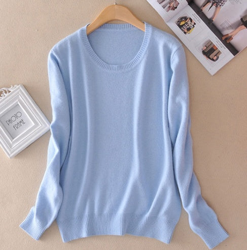 Pull en cachemire pour femme à col rond – pull tricoté chaud d’hiver – Bleu clair