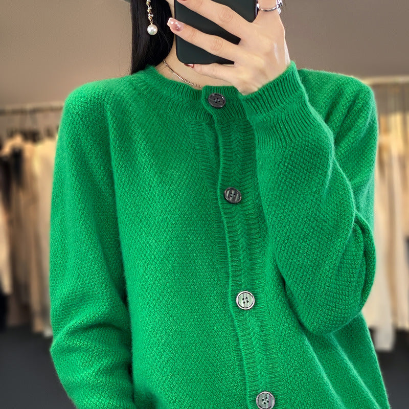 Cardigan ample en laine à col rond, couleur unie – Vert