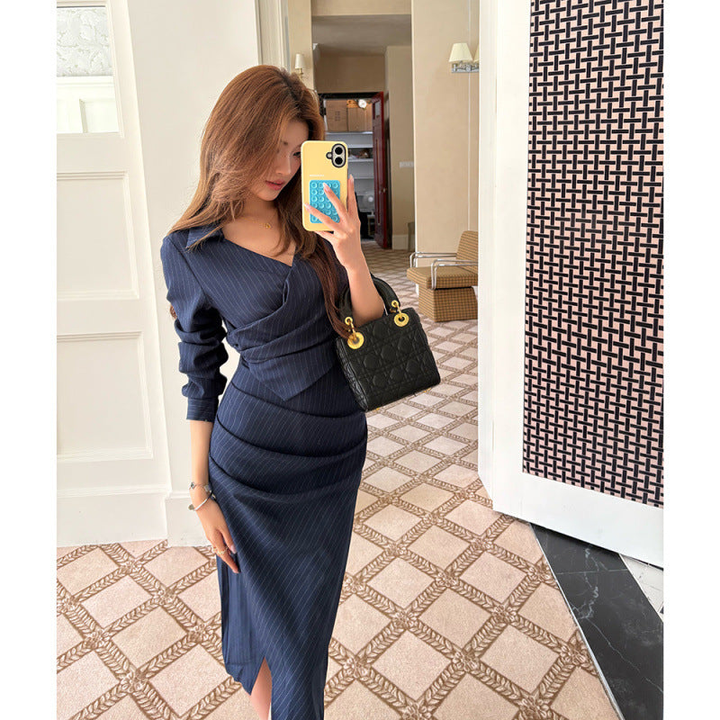 Robe chemise rayée à manches longues – Style Office Siren – Bleu foncé