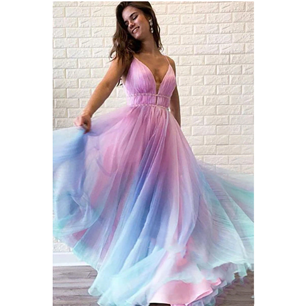 Robe femme à fines bretelles, col V et taille haute – Imprimé floral dégradé – Rose
