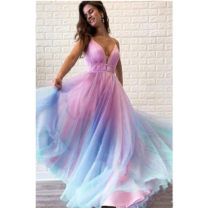 Robe femme à fines bretelles, col V et taille haute – Imprimé floral dégradé – Rose
