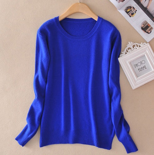 Pull en cachemire pour femme à col rond – pull tricoté chaud d’hiver – Bleu royal