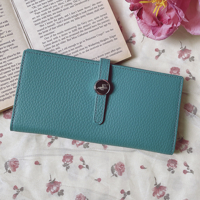 Portefeuille long en cuir véritable – Bleu avec logo