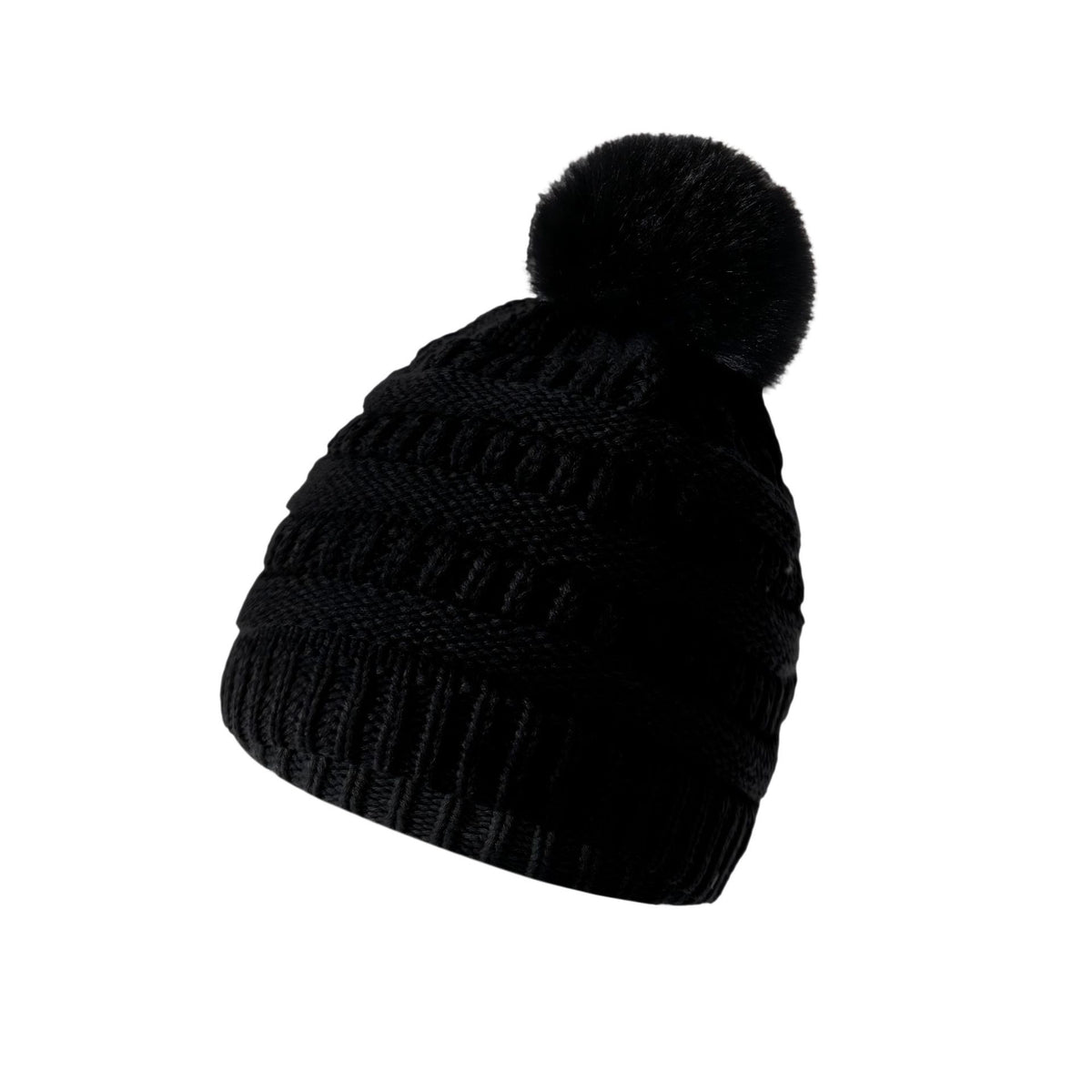 Bonnet en laine tricoté épais – Noir à pompon