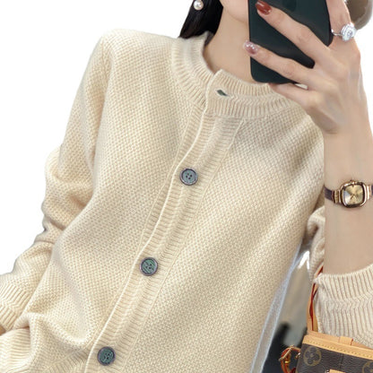 Cardigan ample en laine à col rond, couleur unie – Beige