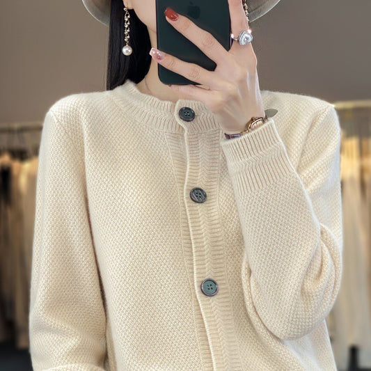 Cardigan ample en laine à col rond, couleur unie – Beige