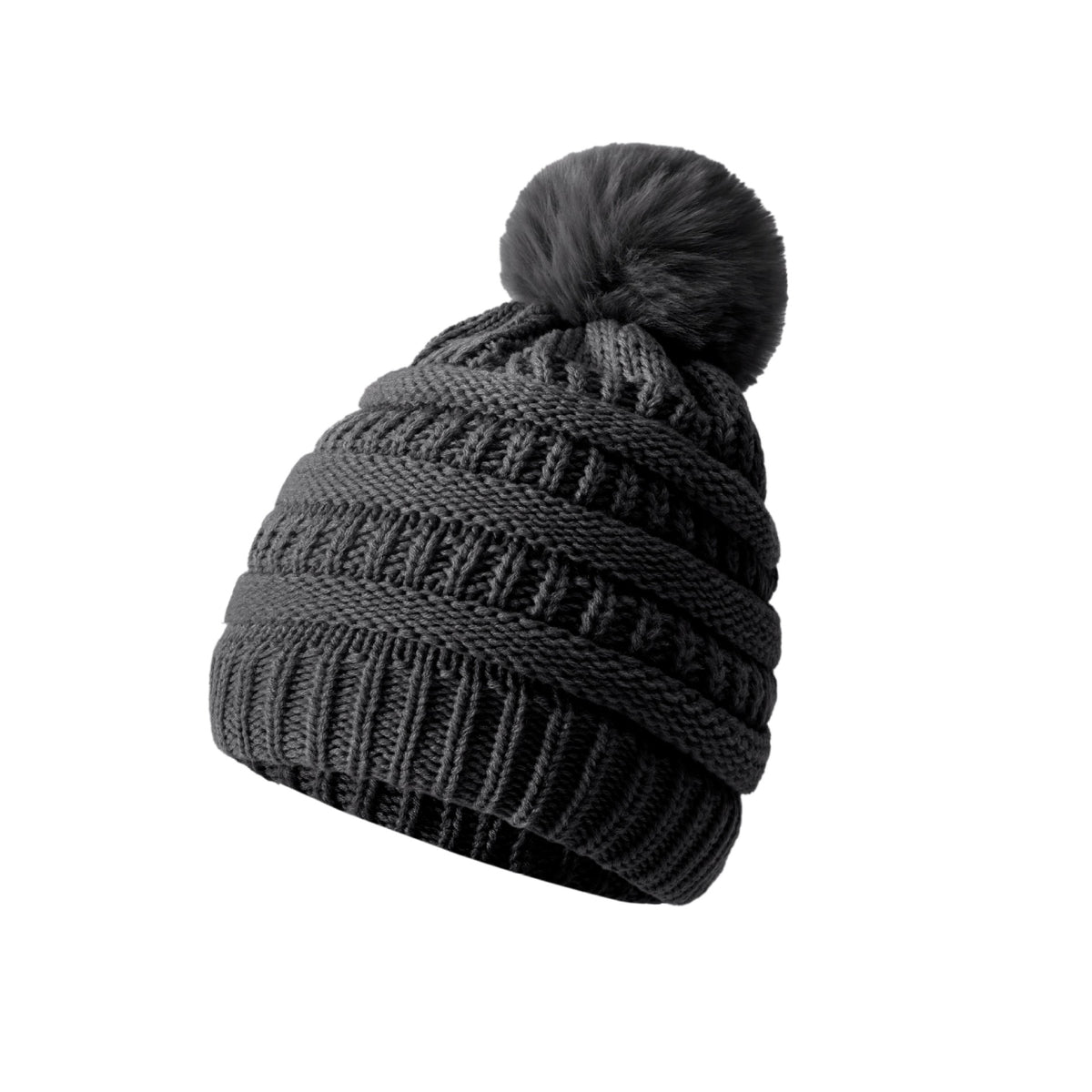 Bonnet en laine tricoté épais – Gris foncé à pompon