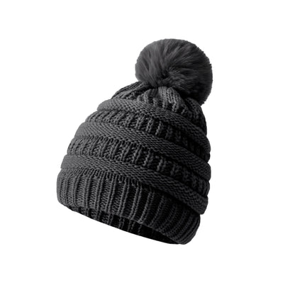 Bonnet en laine tricoté épais – Gris foncé à pompon