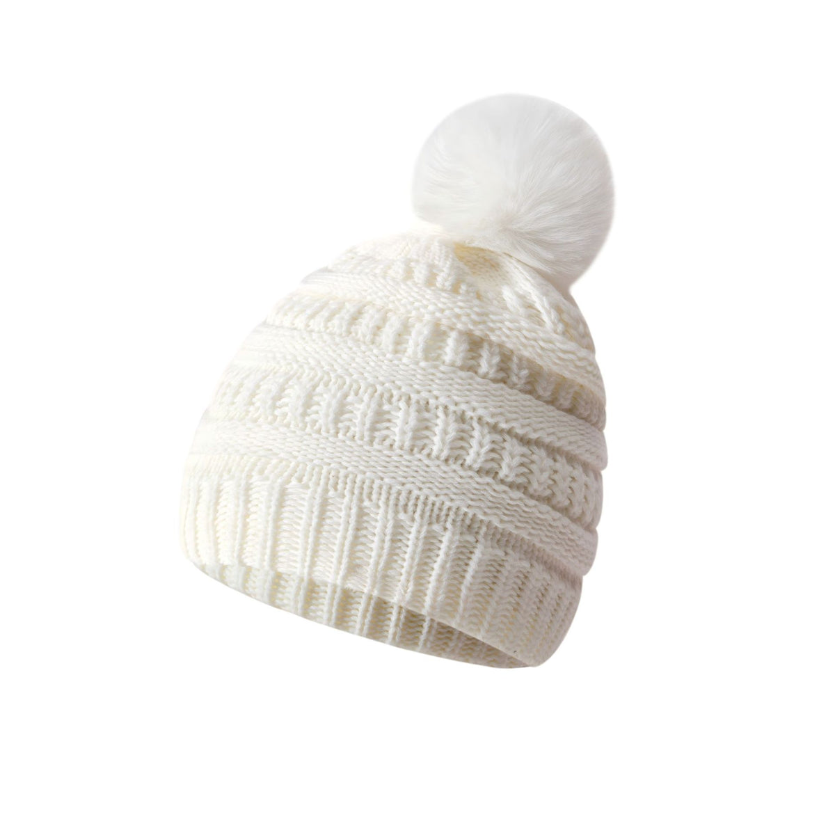 Bonnet en laine tricoté épais – Blanc à pompon