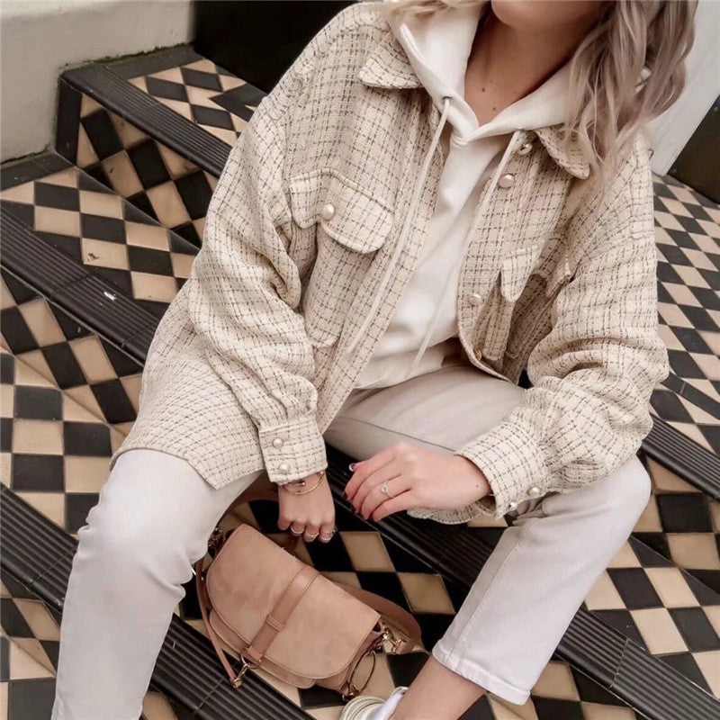 Chemise longue oversize à carreaux vintage – Beige