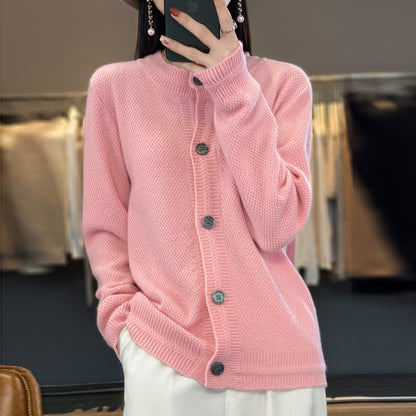 Cardigan ample en laine à col rond, couleur unie – Rose