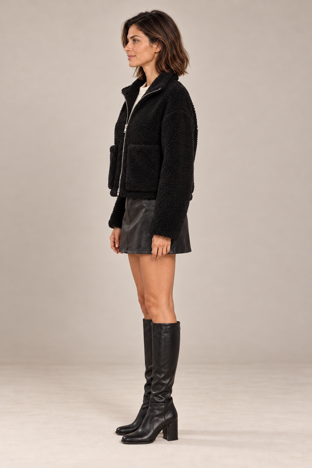 Fashion Plush Cardigan Short Jacket Women Lamb Wool Coat – Noir