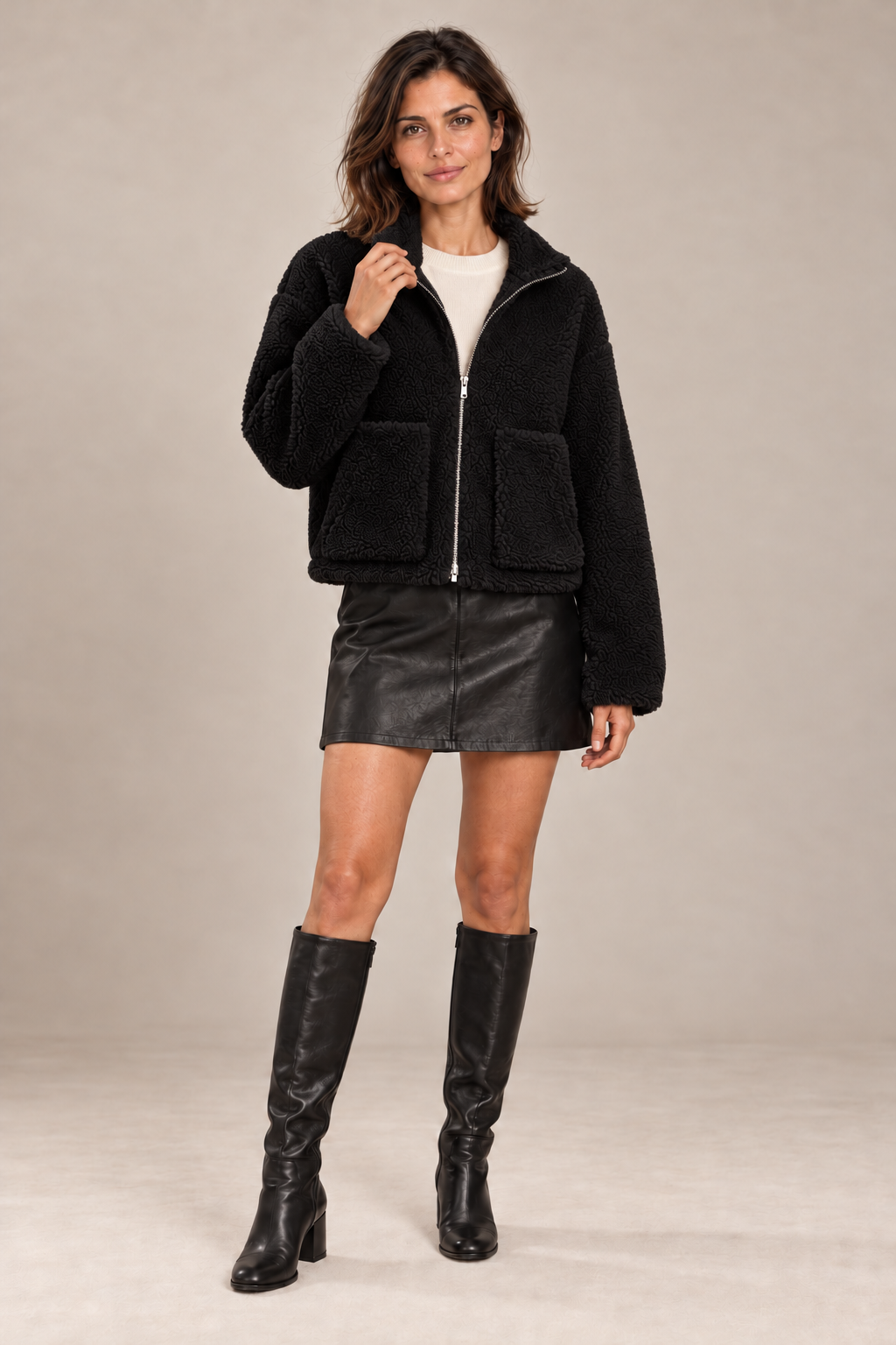 Fashion Plush Cardigan Short Jacket Women Lamb Wool Coat – Noir