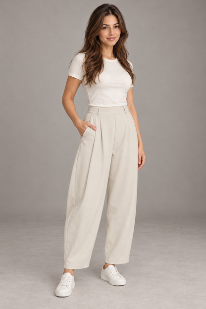 Bloodnew – Pantalon Large Plissé Taille Élastique – Blanc Crème – modèle porté – full – 1620