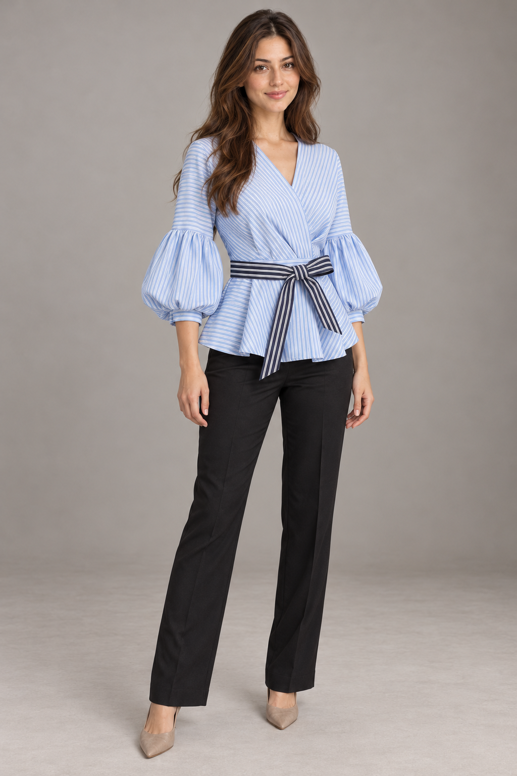 Bloodnew – Chemise rayée femme à col V et manches lanternes – Rayures – modèle – full