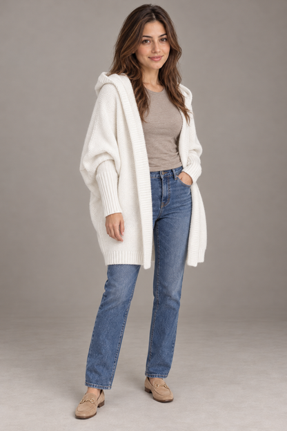 Bloodnew – Cardigan oversize à capuche manches chauve-souris – Maille douce – Blanc – full