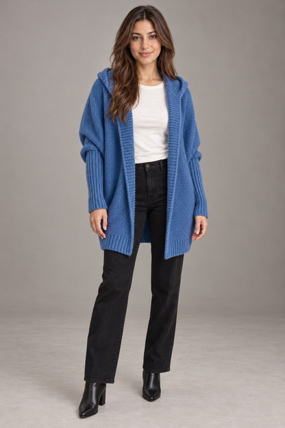 Bloodnew – Cardigan oversize à capuche manches chauve-souris – Maille douce – Bleu jean – full