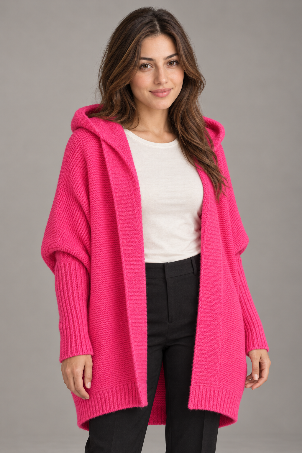 Bloodnew – Cardigan oversize à capuche manches chauve-souris – Maille douce – Fuchsia – close