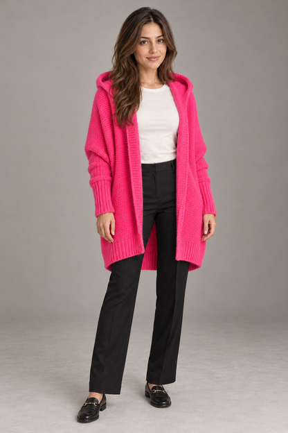Bloodnew – Cardigan oversize à capuche manches chauve-souris – Maille douce – Fuchsia – full