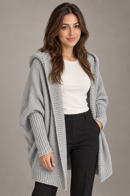 Bloodnew – Cardigan oversize à capuche manches chauve-souris – Maille douce – Gris – close