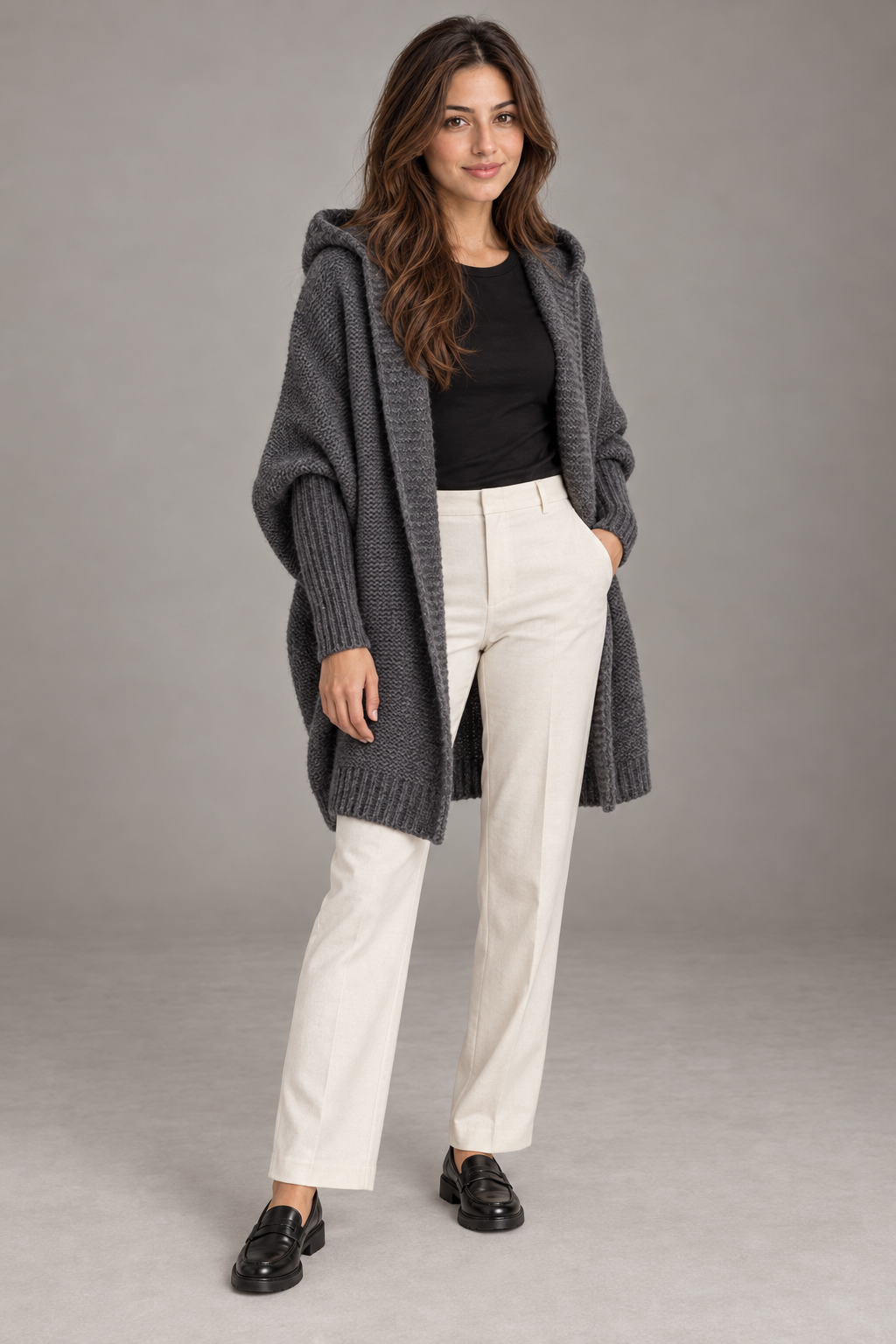 Bloodnew – Cardigan oversize à capuche manches chauve-souris – Maille douce – Gris foncé – full